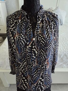 Printed Long-Sleeve Blouse in Black, Blue & Brown